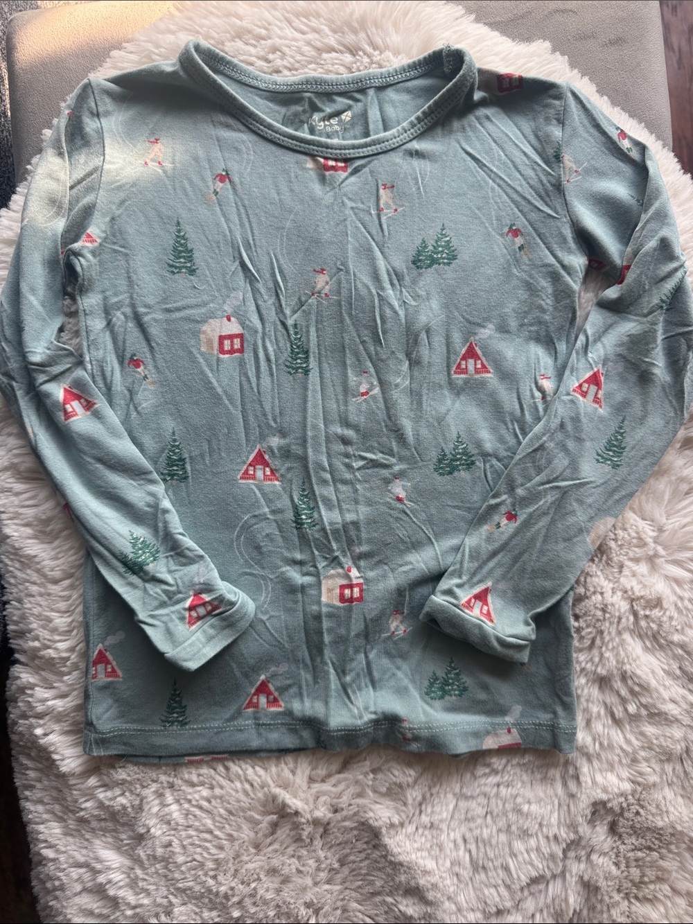 Kyte 5T Long-Sleeve Holiday Cabin Print Top - Light Teal